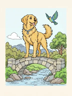 Cachorro na ponte de pedra, exemplo colorido