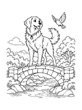 A proud dog stands on a stone bridge while a small bird flies nearby.