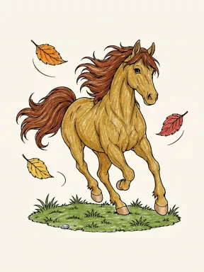 Galloping Horse with Leaves Coloring Page, colored example