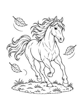 A galloping horse moves across a grassy patch while large leaves swirl nearby.