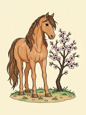 Horse by a Flowering Tree Coloring Page colored with AI in crayon style