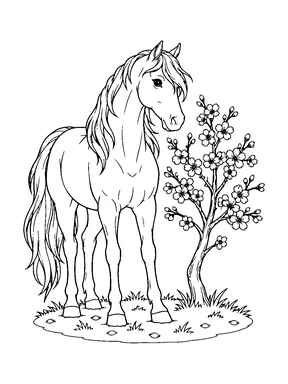 A horse stands beside a flowering tree on a small grassy patch.