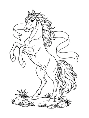 A rearing horse poses with a long ribbon curling behind its mane and tail.