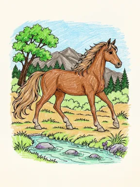 Horse beside a Stream Coloring Page, colored example