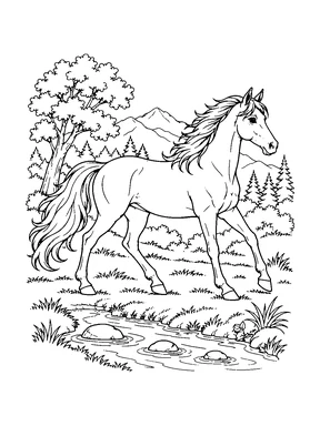 A horse walks beside a winding stream with trees, distant mountains, and a grassy bank.