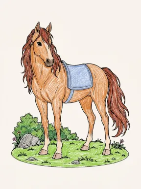 Horse with a Saddle Blanket Coloring Page colored with AI in crayon style