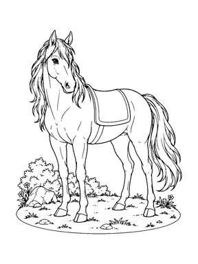 A standing horse wears a plain saddle blanket on a small grassy patch.