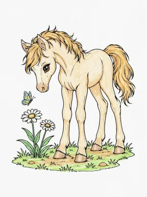Foal and Butterfly Coloring Page colored with AI in crayon style