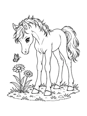 A young horse lowers its head toward a butterfly above blooming flowers.
