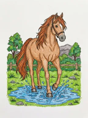 Horse Splashing in a Puddle Coloring Page colored with AI in crayon style