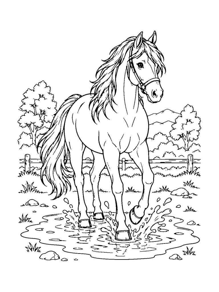 A horse steps through a shallow puddle with splashes around its hooves.