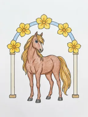 Horse under a Flower Arch Coloring Page colored with AI in crayon style