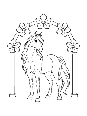 A horse stands beneath an arched garland of large flowers.