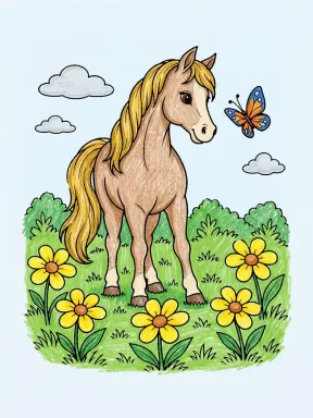 Cute Horse and Butterfly Coloring Page colored with AI in crayon style
