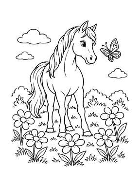 A cute horse watches a butterfly in a meadow filled with large flowers.