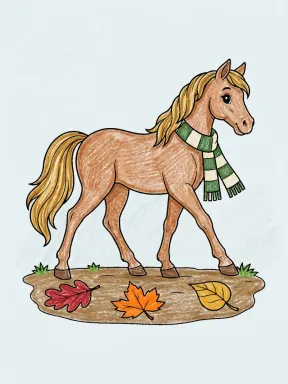Cute Horse in a Scarf Coloring Page colored with AI in crayon style
