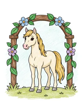 Cute Horse Under a Leafy Arch Coloring Page colored with AI in crayon style