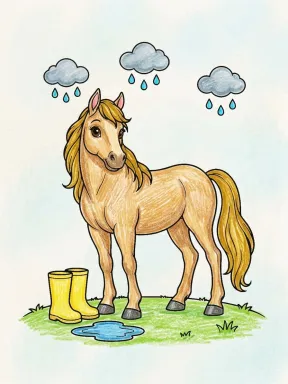 Cute Horse on a Rainy Day Coloring Page colored with AI in crayon style