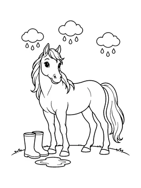 A cute horse stands beside a rain boot and a small puddle under puffy clouds.