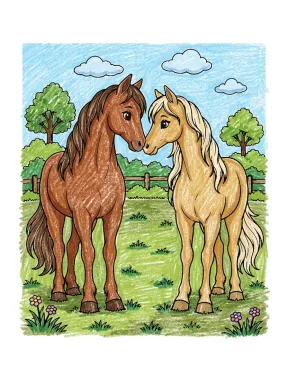 Two Cute Horses Touching Noses Coloring Page colored with AI in crayon style
