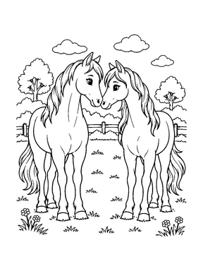 Two cute horses stand side by side and gently touch noses.