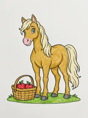 Cute Horse with a Picnic Basket Coloring Page colored with AI in crayon style