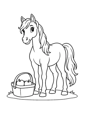 A cute horse stands beside a picnic basket filled with apples.