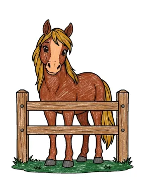 Cute Horse Peeking Over a Fence Coloring Page colored with AI in crayon style