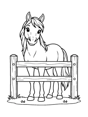 A cute horse peeks over a short freestanding wooden fence.