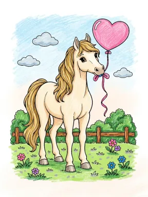 Cute Horse with a Heart Balloon Coloring Page colored with AI in crayon style