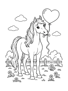 A cute horse holds the ribbon of a blank heart-shaped balloon in its mouth.