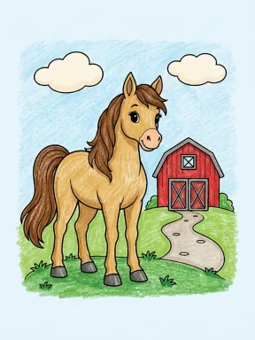 Cute Horse by a Barn Coloring Page, colored example