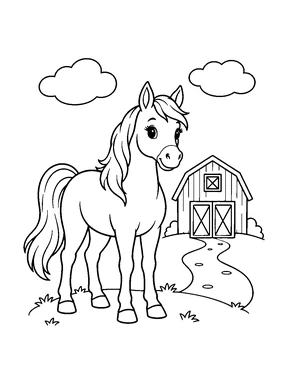A cute horse stands in front of a small barn beside a winding path.