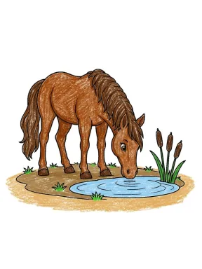 Cute Horse by a Pond Coloring Page colored with AI in crayon style