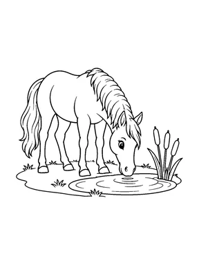 A cute horse lowers its head beside a small pond with broad reeds.