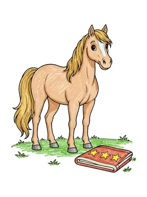 Cute Horse with a Star Blanket Coloring Page colored with AI in crayon style