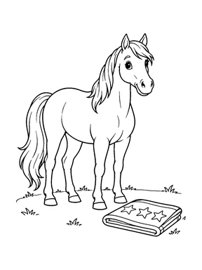 A cute horse stands beside a folded blanket decorated with large blank stars.