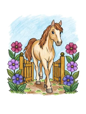Cute Horse at a Garden Gate Coloring Page colored with AI in crayon style