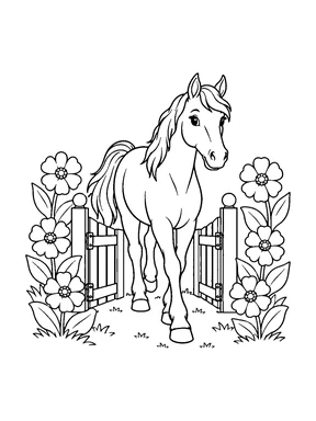 A cute horse walks through a low garden gate surrounded by large flowers and broad leaves.