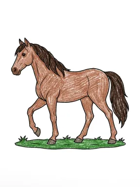 Walking Horse Side View Coloring Page colored with AI in crayon style