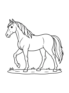 A horse walks in side view with one front hoof raised and its flowing tail visible.