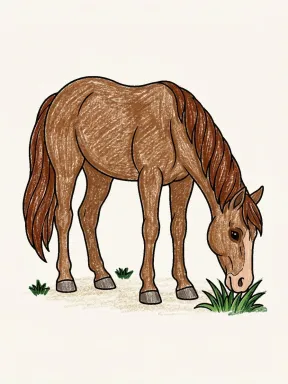 Grazing Horse Coloring Page colored with AI in crayon style