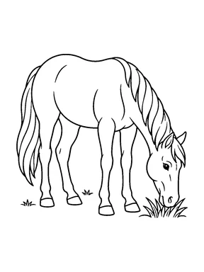 A horse lowers its head to nibble a small patch of grass.