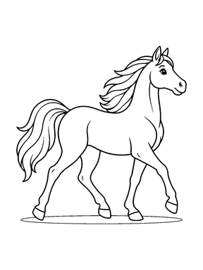 A horse trots in side view with a flowing mane and clearly outlined legs.