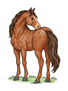 Horse Looking Back Coloring Page colored with AI in crayon style