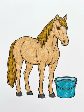 Horse by a Water Bucket Coloring Page colored with AI in crayon style