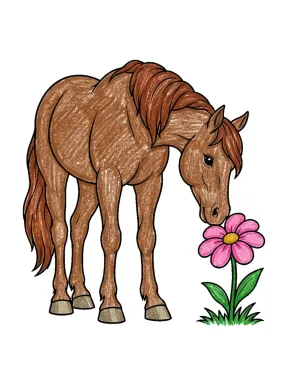 Horse Smelling a Flower Coloring Page colored with AI in crayon style