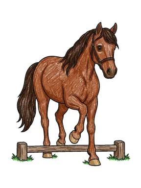 Horse Stepping Over a Pole Coloring Page colored with AI in crayon style