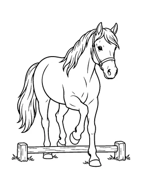 A horse carefully steps over a low wooden pole.