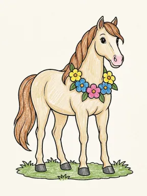 Horse with a Flower Wreath Coloring Page colored with AI in crayon style